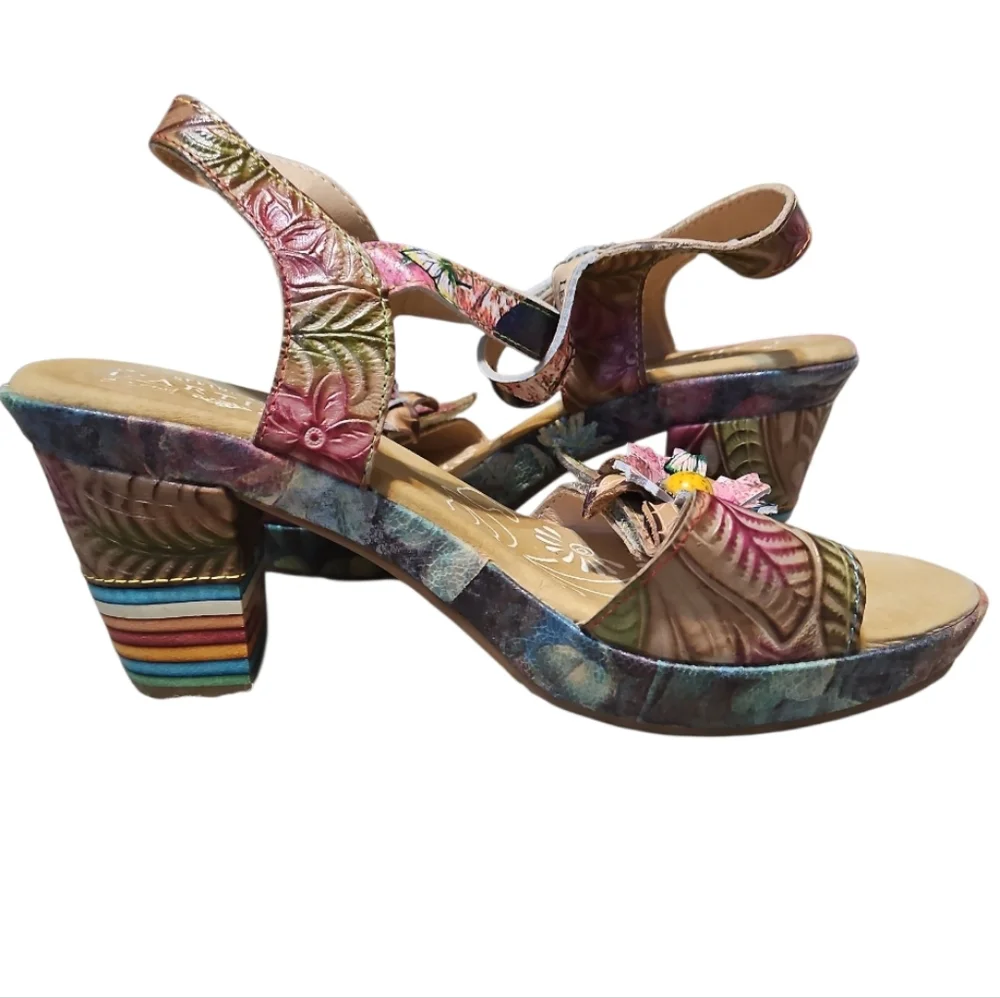 L'ARTISTE Spring Step Leilanie Slingback Leather Floral Sandals - Picture 4 of 12